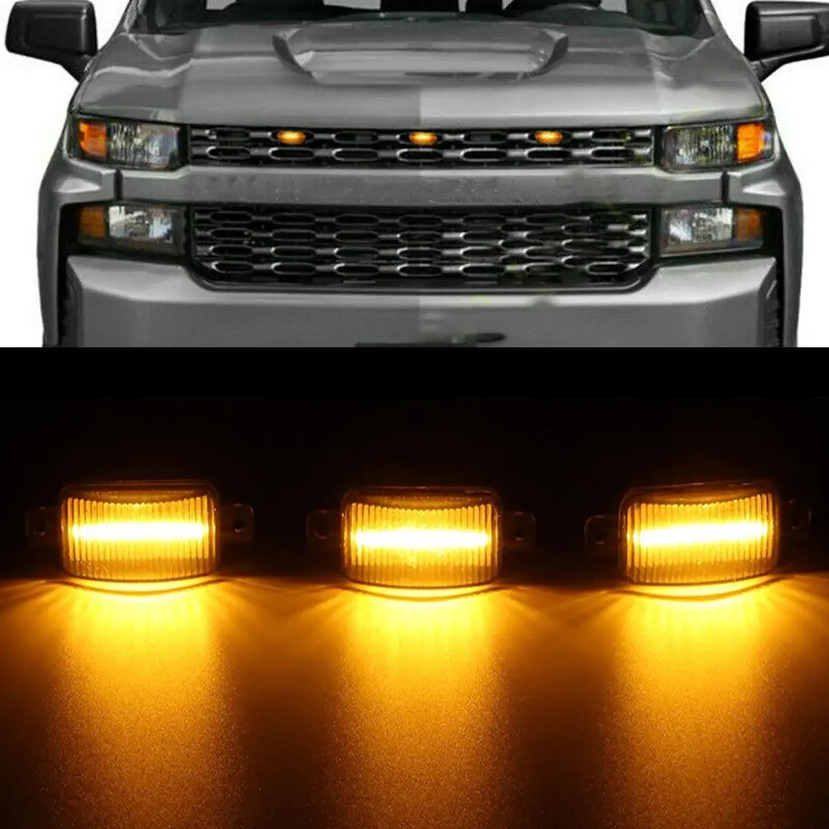 (3Pcs/Set)  Led Front Grille Lights Raptor Style Amber Light Fit For Chevrolet Silverado 1500 2016-2021 (Amber Shell/ Smoked Shell） 1
