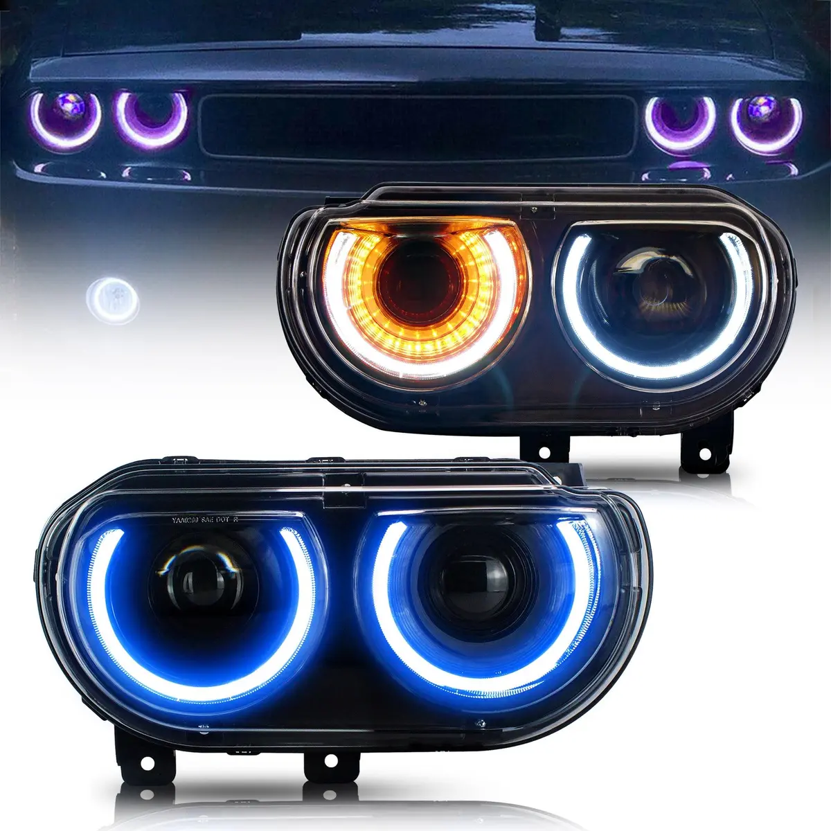 Led Headlight Assembly Rgb Style Dual Beam Projector Black For 2008-2014 Dodge Challenger 3Th Gen Pre-Facelift 1