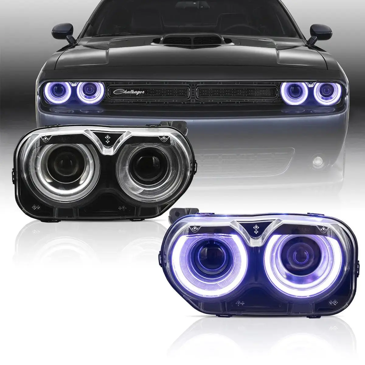 Led Headlight Assembly Rgb Dual Beam Projector Black For 2015-2024 Dodge Challenger 3Th Gen Facelifted 1