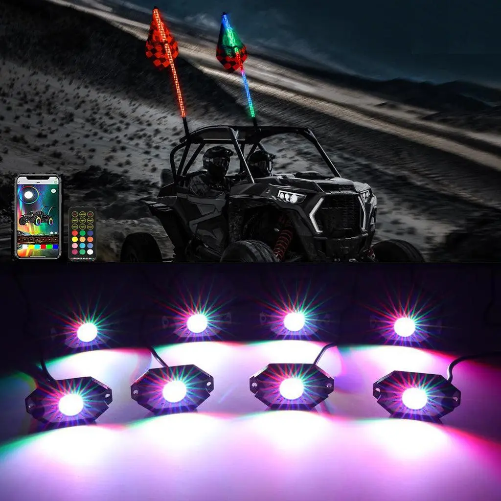 2Pcs 3Ft Rgb Led Whip Lights With Turn Signal & Brake Light + Rgb Led Rock Lights Set With Bluetooth Controlled 1