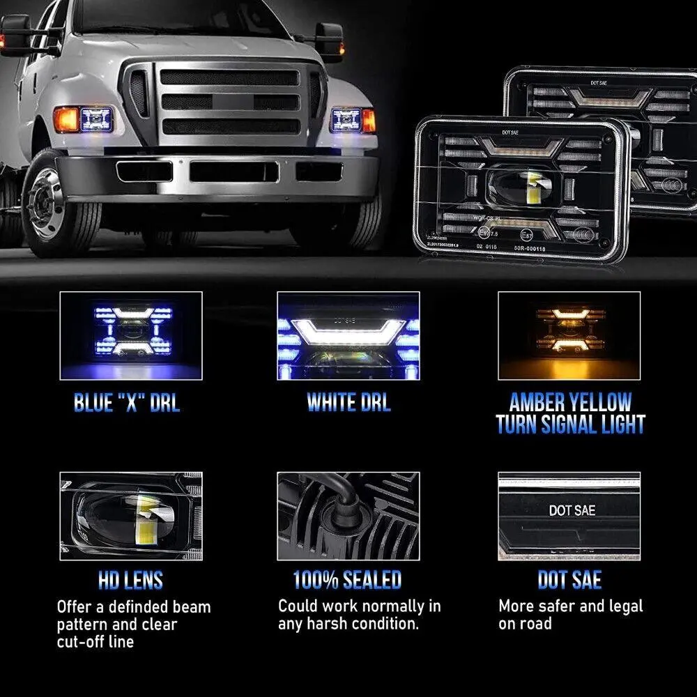 (2Pcs/Set) 4X6 Inch Sealed Beam Led Headlights With Hi-Lo Beam Drl Turn Signal Light 2