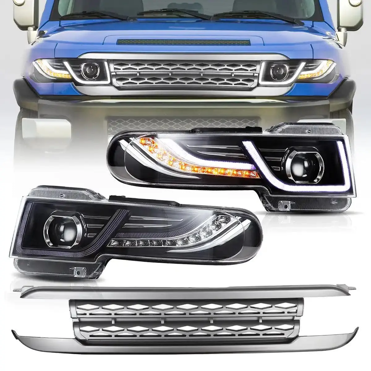 Led Headlight Assembly Dual Beam Projector With Grille For 2007-2015 Toyota Fj Cruiser Xj10 1